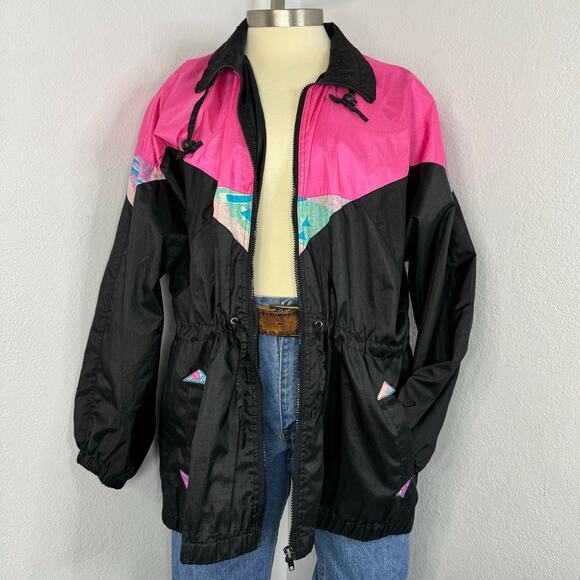 Vintage 80s 90s Zip Windbreaker Bomber Jacket Black Neon Pink Oversized - Picture 1 of 8